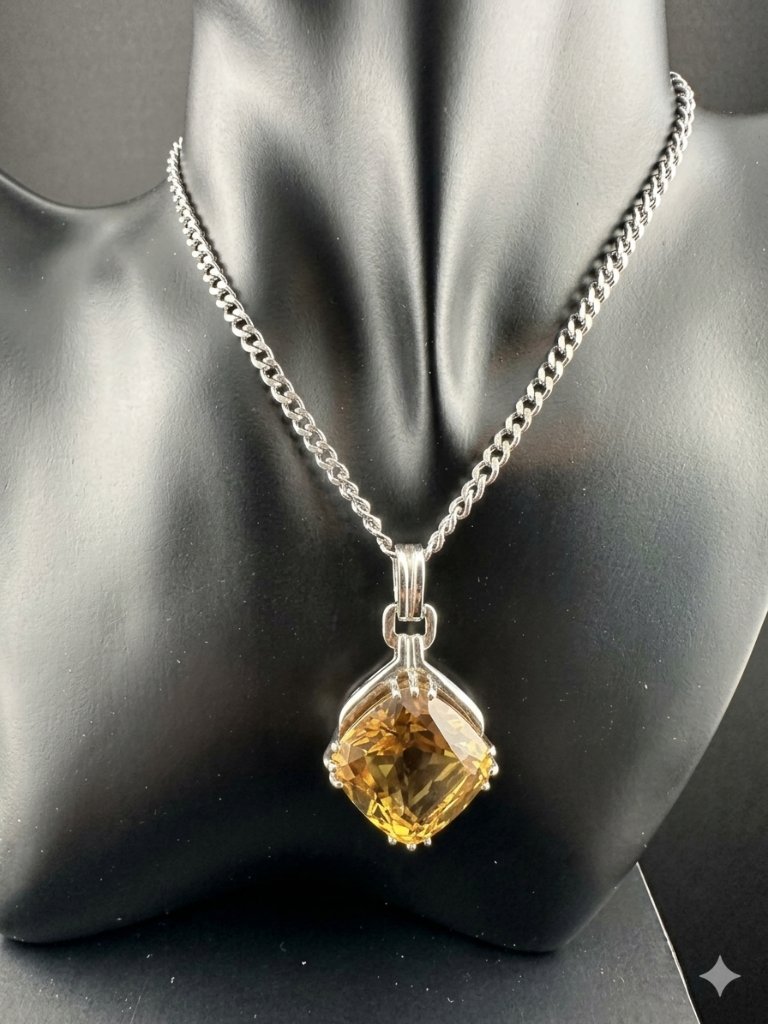 Sterling Silver Yellow Citrine Pendant Cushion Cut Statement Gem (No Chain)